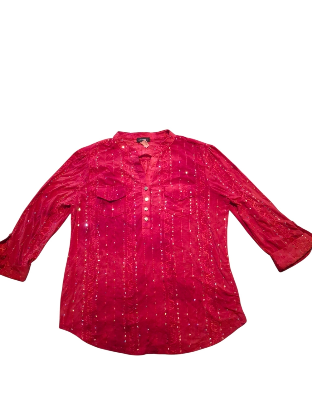 Cocomo Red Beaded Split-Neck Blouse Size L Y2k Embroidered